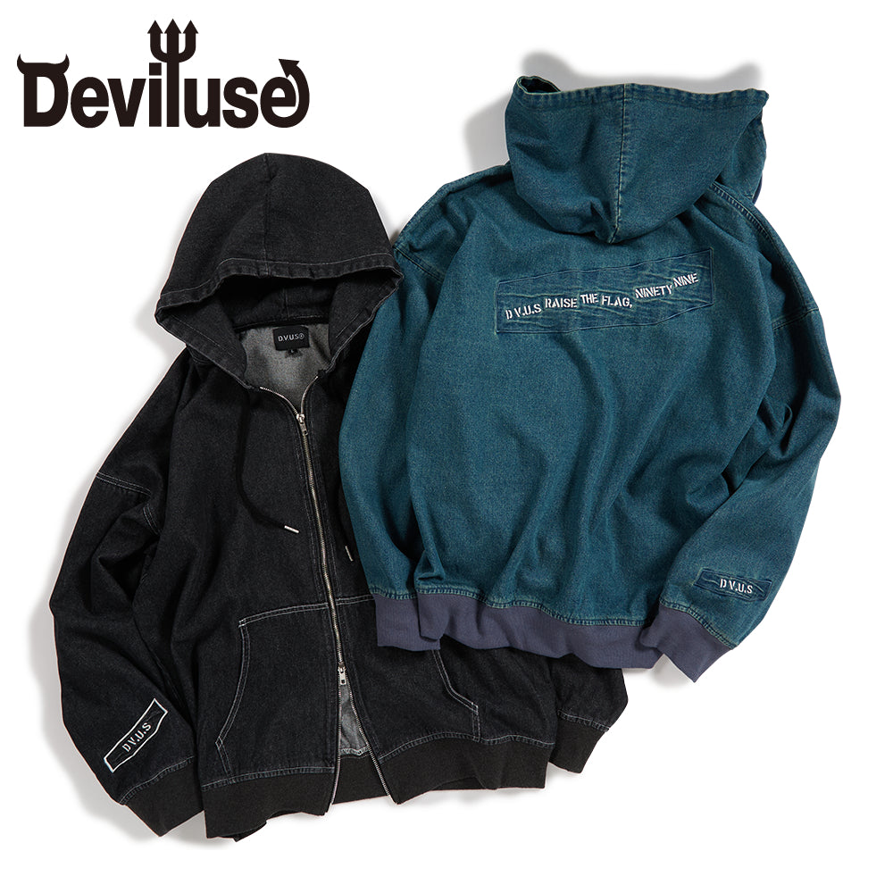 R新品 デビルユース デニムZIPパーカーJKT black-L Deviluse Denim ジップ フーディー パーカー Zip Hoodie デビルユース
